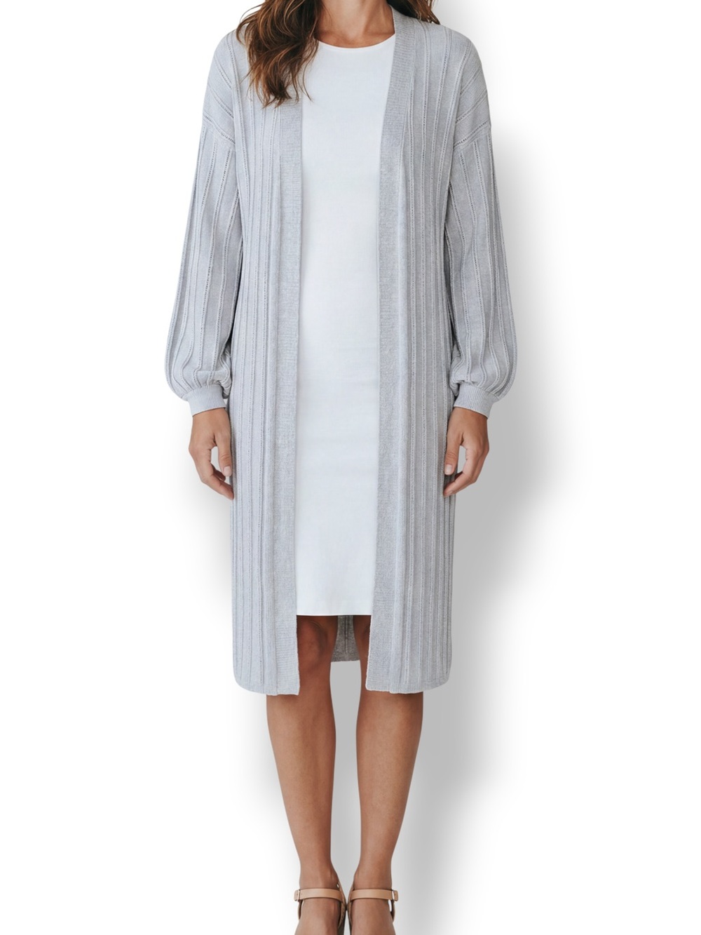 4/$20 Italian-Made Gray Ribbed Duster Cardigan Long Open Front Sweater Medium